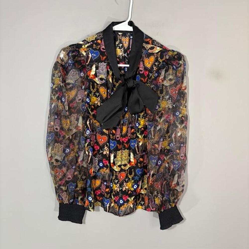 Alice + Olivia Blouse Womens Medium Multicolor Sheer Bow Balloon Sleeve Top
